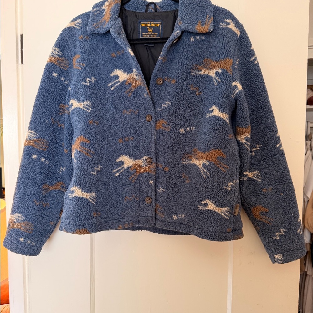 Woolrich Womens Vintage Blue and Brown Horse Pattern Jacket